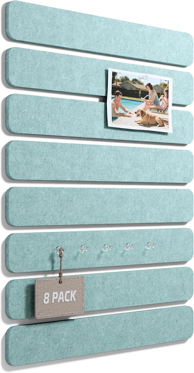 Fluxynara 13" x 2" Felt Wall Panels, Teal Blue | 8-Pack Includes 50 Push Pins and Adhesive Tabs for Photos, Notes and Decor in Bedroom Doors, Home Office or Studios