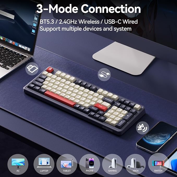 AUSDOM H98 Wireless Bluetooth Mechanical Keyboard, BT5.3/Type-C/2.4G Tri-Mode Hot Swappable Custom Gaming Keyboards, Gasket, RGB, Numpad, Computer Keyboard for Mac/Win/Office, 98 Keys(Click Sound)