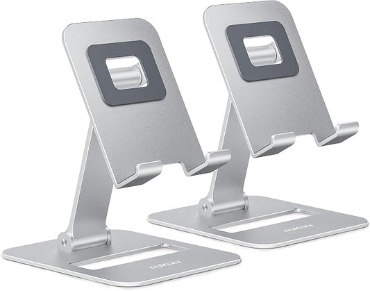 Nulaxy 2 Pack Aluminum Dual Folding Cell Phone Stand for Desk Silver&Silver | Height Angle Adjustable, Portable, Anti-Slip Base Phone Holder Fits 16mm Thick Case 4-8" Smartphone Desk Essential Accessory