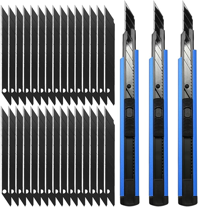 FOSHIO Retractable Utility Knife with 30 Degree Snap Off Blade 9MM, Box Cutter for Carton, Cardboard and Box, Office and Home Use, 3 Pack Blue Aluminum Handle Knife with Extra 30 Replacement Blades