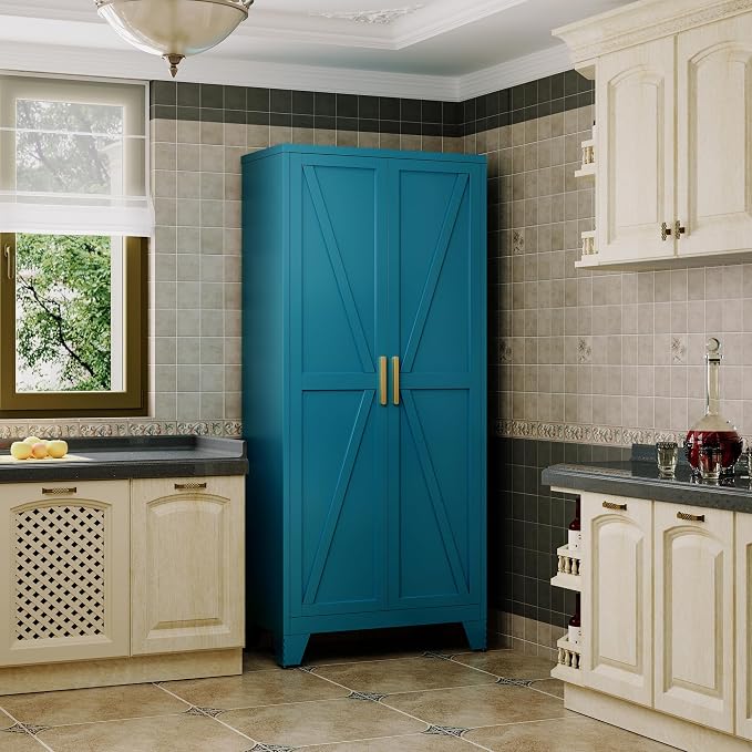 QINPTWUT 71" Metal Storage Cabinet with Doors and Shelves, Tall Pantry Cabinet in Blue with 2 Doors & 4 Adjustable Shelves, All-Steel Farmhouse Cupboard for Kitchen, Living Room,Home Office,Garage