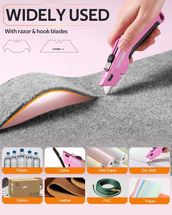 VOTREK® Box Cutter Utility Knife, 2-in-1 Safety Retractable Box Cutter for Women, Quick Change Razor Knife for Home, Office & DIY, Blade Storage Design, with Extra Sharp Razor & Hook Blades (Pink)