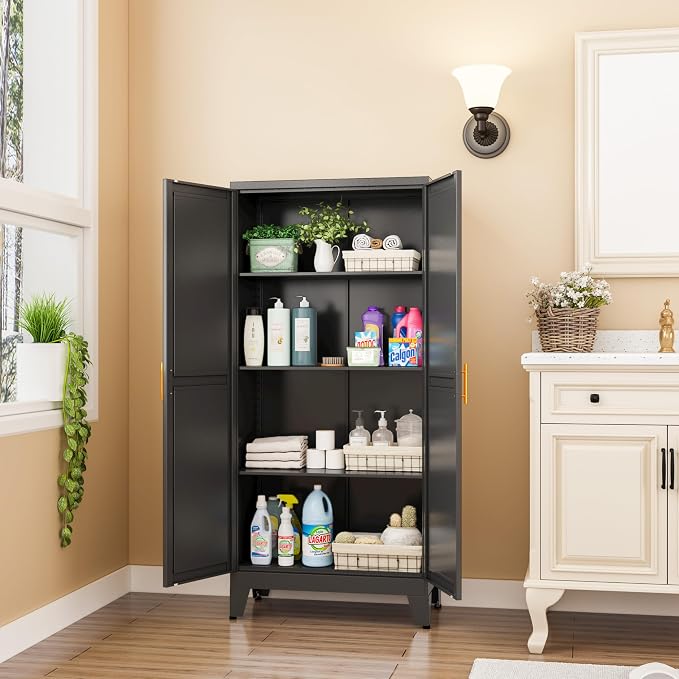 winiowa Metal Pantry Cabinet with 2 Doors and Adjustable Shelves, Kitchen Storage cabinets with Gold Handles, Versatile Storage for Laundry Room,Living Room,Bathroom,Dinning Room-Black