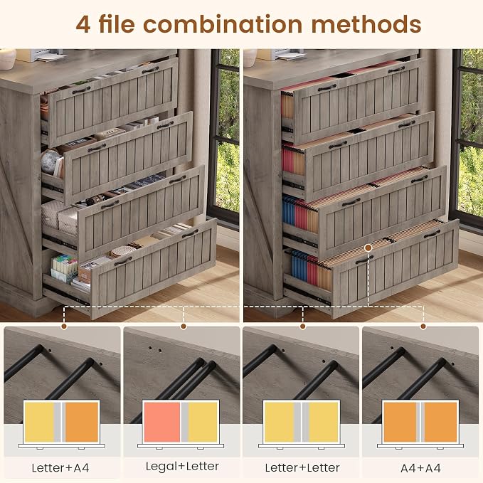 SEDETA Farmhouse 4 Drawer File Cabinet, Filing Cabinet for Home Office, Wood Office File Cabinets for Letter/Legal/A4 Size, File Cabinet Organizer with Printer Stand for Study Room, Living Room, Grey