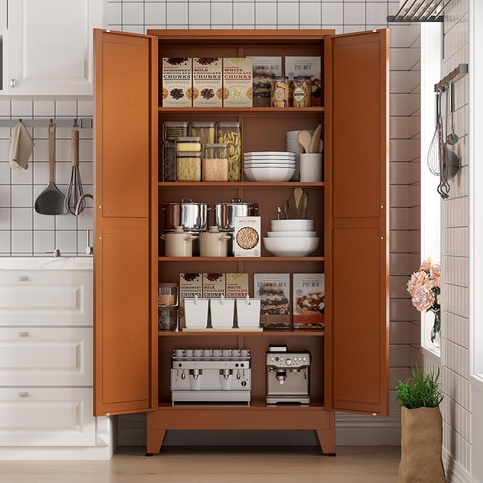 COFaR 5 Tier Metal Kitchen Storage Cabinets, 71" Pantry Cabinet with Doors and 4 Adjustable Shelves, Farmhouse Tall Cabinet for Pantry, Laundry Room,Living Room,Dinning Room (Antique Copper)