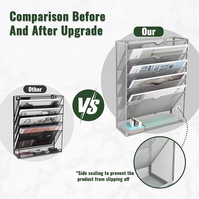 6 Tier Mesh Hanging Wall File Organizer, Desk Vertical Mail Paper Document Folder Holder Rack with Bottom Tray and Nametag Label for Office Home School, Gray