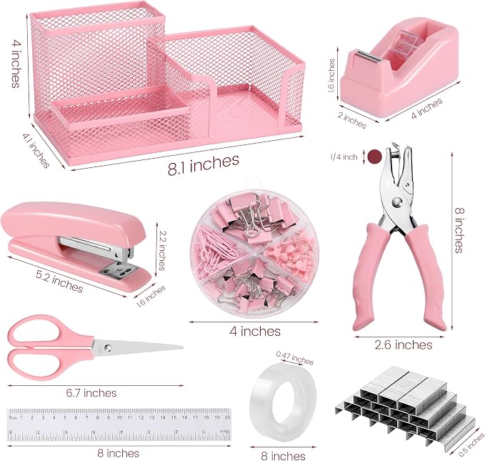 Pink Office Desk Accessories, 9 Pcs Desk Organizers and Accessories with Mesh Pen Holder, Stapler, Tape Dispenser, Hole Punch, Office Supplies Set for Office Home School Women Students Gift