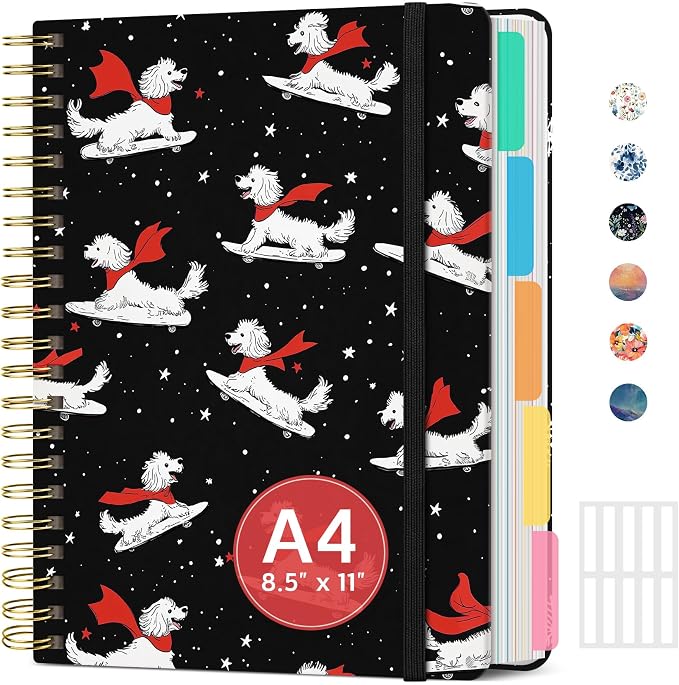 Large Spiral Notebooks for Work 5 Subject with Removable Dividers | 8.5" x 11" Pretty Hardcover Notebook Journal for Women, College Ruled, Perfect for Study & Office , 280 Pages, Skate Pup