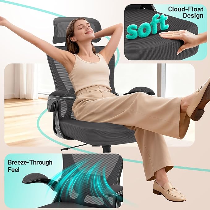 Office Chair - Ergonomic Desk Chair Breathable Mesh Chair with 2D Headrest & Adjustable Lumbar Support - Executive High Back Rolling Swivel Computer Gaming Chair with Wheels Flip-up Armrests