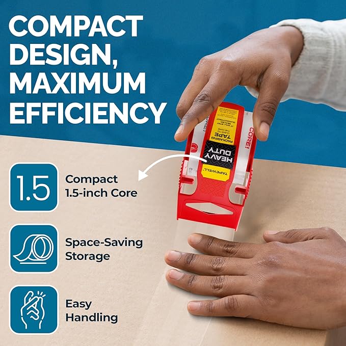 Heavy Duty Packing Tape with Dispenser 1.5" Core, Clear Shipping Tape for Boxes, Packaging, Mailing & Moving Supplies - 1.88 in. x 22.2 Pack of 6