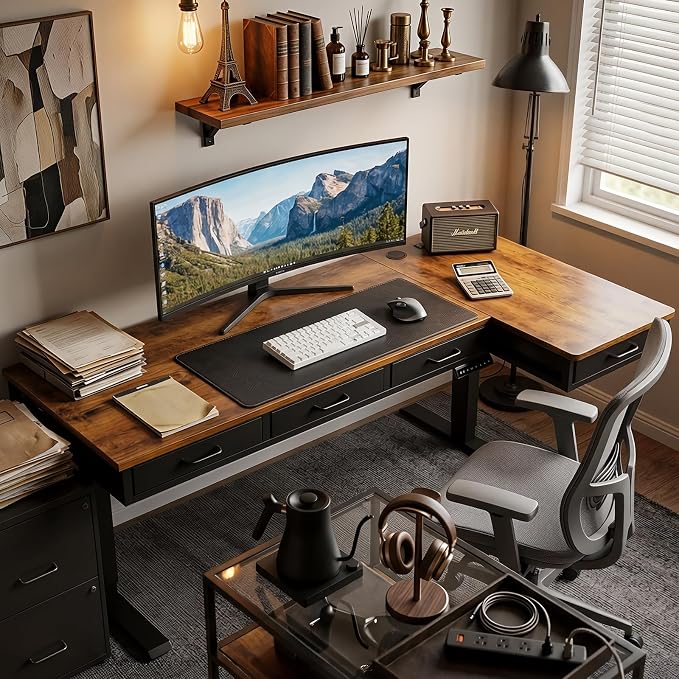 63 Inch L Shaped Electric Standing Desk with 4 Drawers, Rustic Brown | Reversible Corner Table, Office Desk With 4 Drawers and Outlets For Home Office, Computer Workstation And Sit Stand Use