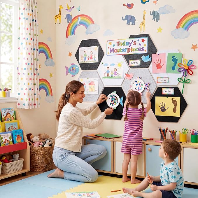 8-Pack Hexagon Felt Bulletin Board Tiles, Cork Board Alternative | For students and teachers creating vision boards in homes, offices, dorms or classrooms; includes 30 push pins.