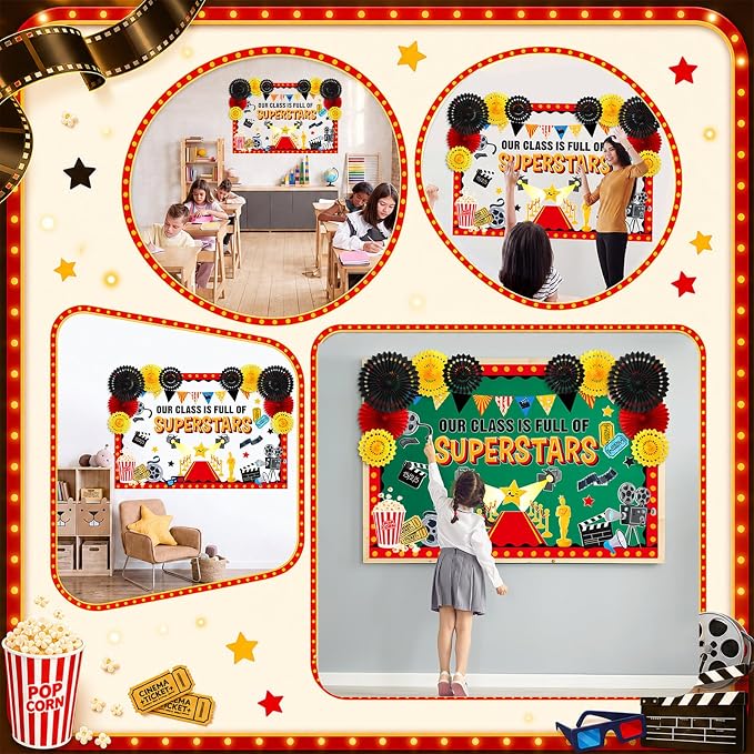 77 Pcs Movie Bulletin Board Decorations with Paper Fans 3D Movie Night Classroom Bulletin Board Superstars Popcorn Now Showing Sign Cutouts for Back to School Office Wall Door Decor Supplies