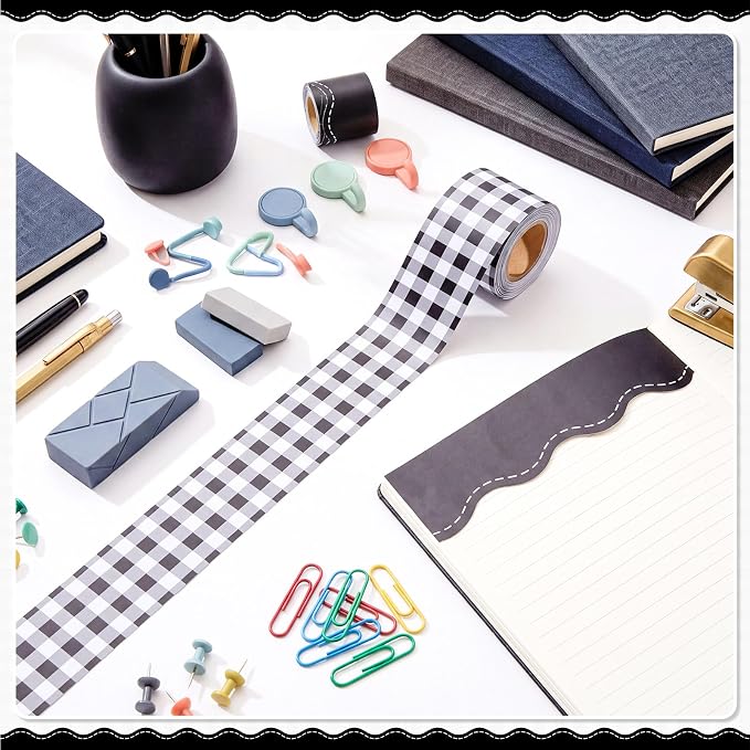 2 Rolls 65.6ft Black Gingham Bulletin Board Borders Decoration Black Checkered and Straight Edge Bulletin Borders Board Trim for Office School Classroom Chalkboard Party Decoration