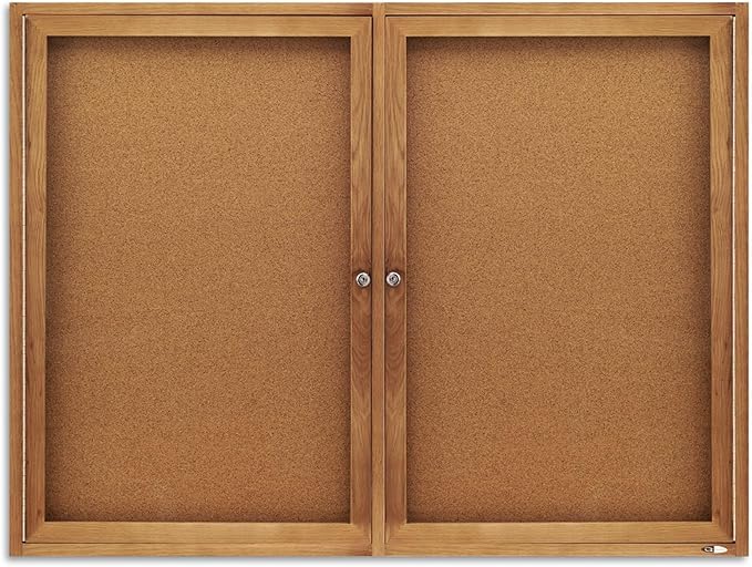 Quartet Bulletin Board, 4' x 3' Enclosed Cork Notice Board, Lockable Swing Doors, Oak Finish (364)