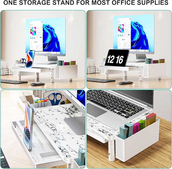 WALI Computer Monitor Stand with Storage and Pen Holder | 3 Height Adjustable Desk Organizer with Drawer, Desk Laptop Monitor Riser for Computer, Printer(PTT003-M), 1 Pack, Marble