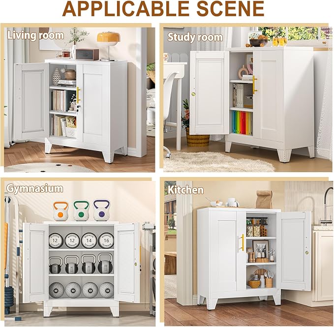 36" Metal File Storage Cabinet with Lock,Steel Locker Organizer, Office File Cabinet with 2 Doors and 2 Adjustable Shelves,Outdoor Tool Garage Cabinets for Home Office,Gym,School,Warehouse(White)
