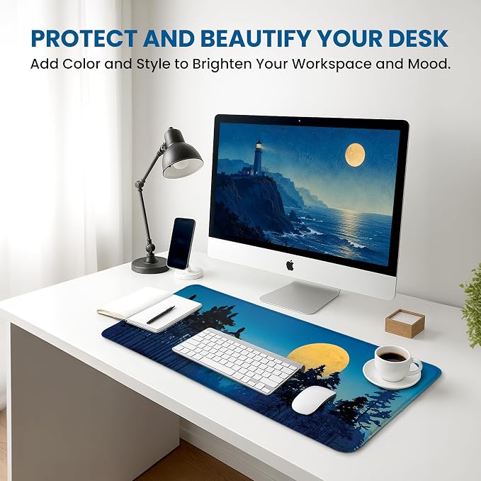Aesthetic Desk Mat, Cute Moon Birch Desk Pad Protector for Work & Decor, 35.4" x 15.7", Pretty Non-Slip Extended Mouse Pad for Office or Home