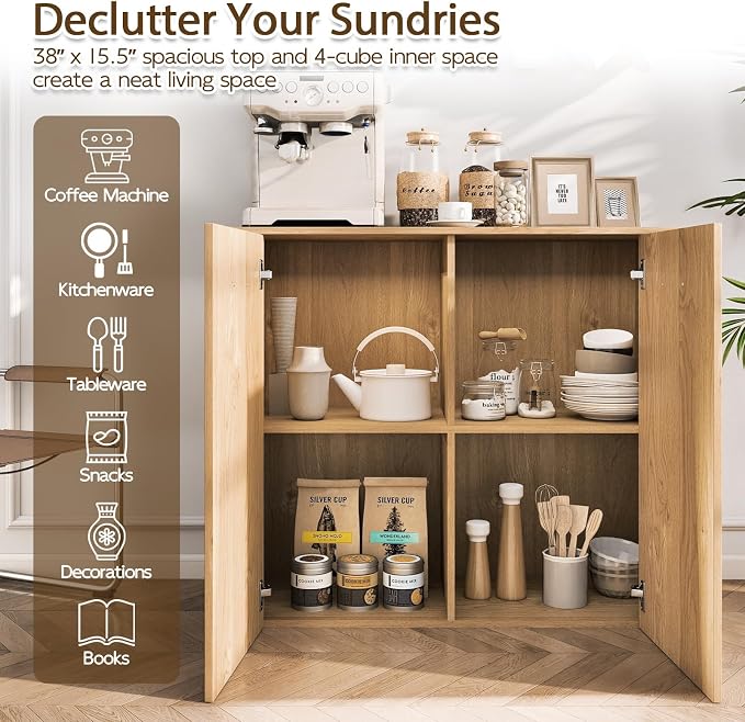 Giantex 38" Sideboard Cabinet with 2 Doors & 4 Shelves (Natural) | Bathroom Storage Organizer with Anti-Tipping Device, Metal Hinges, Credenza for Living Room, Kitchen, Entryway