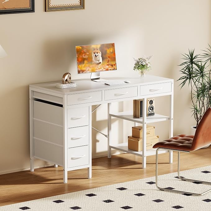 Sweetcrispy 47" Computer Desk with 6 Fabric Drawers & Storage Shelves | Reversible Gaming Desk, Office Desk, Computer Workstation, Corner Desk with Storag, Home Office, Living Room, White