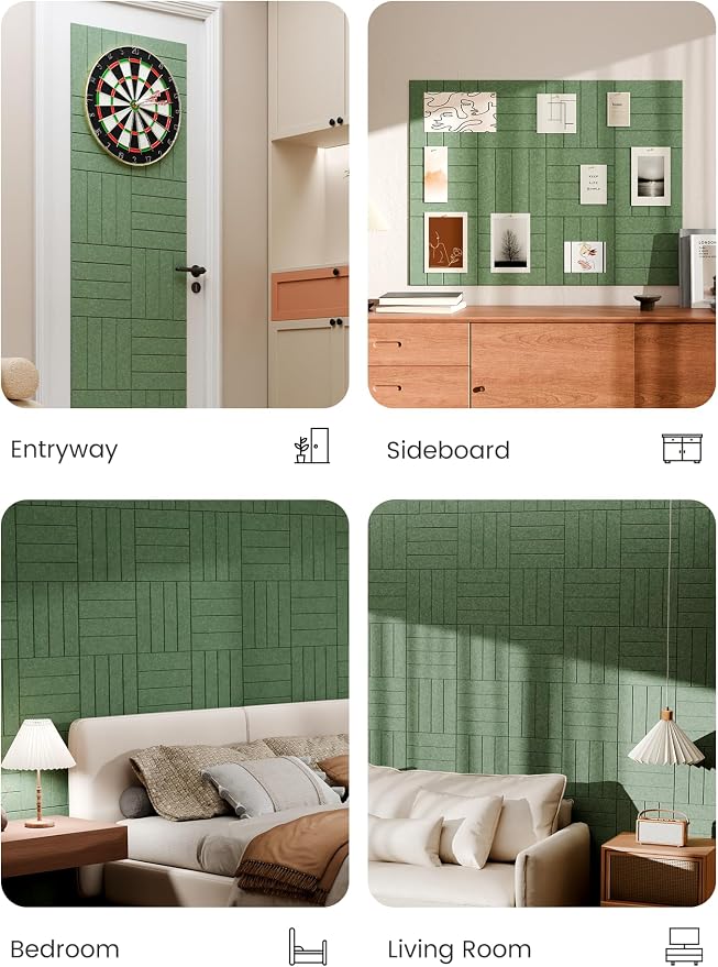 Bumusty 48"x 36" Large Felt Bulletin Board Tiles, Moss Green | 12-Pack Cork Board Alternative, Wall Decor, 30 Pushpins, 60 Adhesive Tabs, Vision Board, Office, Classroom, Home, Dorm