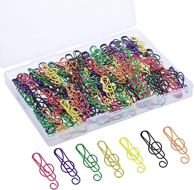 SUMAJU 150 Pcs Music Paper Clips, Music Teacher Gifts | Vinyl-Coated Metal, Rust Resistant, 7 Colors, Note Shape, Strong Grip, Storage Box, For Sheet Music, Books, Office