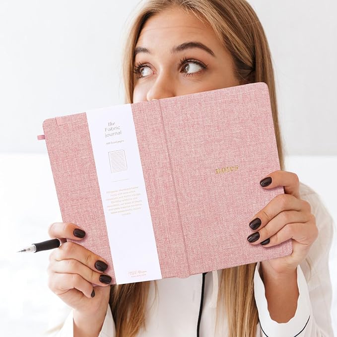 A5 Lined Journal Notebook, Fabric Hardcover | 100GSM Paper 160 Pages, 5.7"x8.39" College Ruled Journaling, Elastic Band & Pen Loop, for Work, School Note Taking (Pink)
