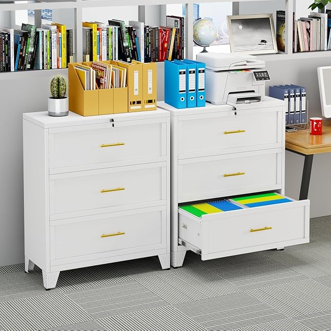 3 Drawer Metal File Cabinet with Lock,Lateral Filing Storage Cabinets,Steel Wide File Organization for Legal/Letter/A4/F4 Size with Hanging Files&Key,Lockable Printer Stand for Home Office, White