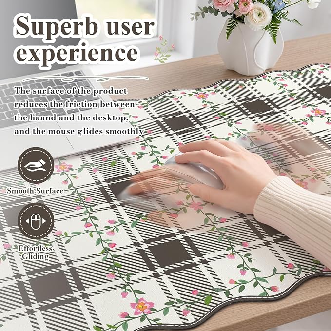 iCasso Keyboard Mat for Students, Black 35.4"x15.7" Desk Protector | Stitched Edges Scalloped Mousepad for Computer, Aesthetic Floral Desk Pad for Students Women Office Workspace Area