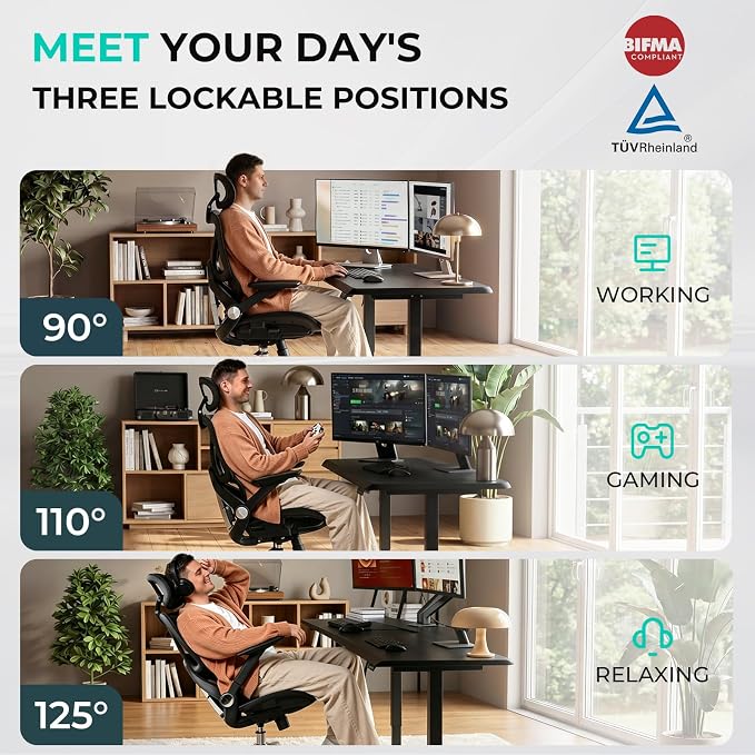 Ergonomic Mesh Office Chair, Adjustable Lumbar High Back Desk Chair 400lbs, 4D Flip-up Arms, 3 Tilt Backrest, 3D Headrest, PU Wheels, Swivel Rolling Computer Chair for Long Desk Work - Black