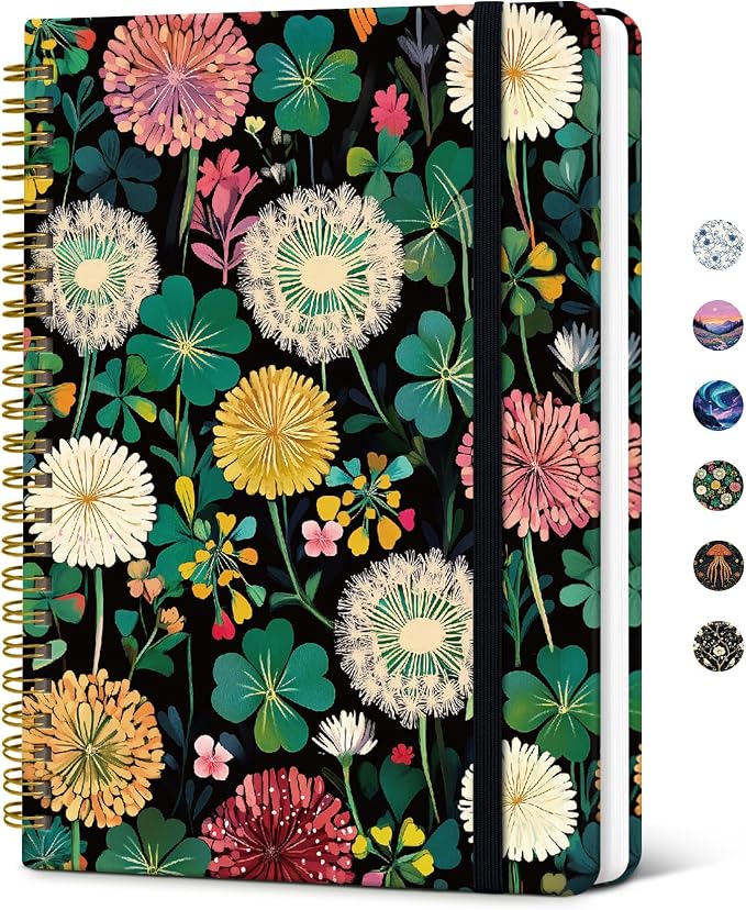 Lined Spiral Journal Notebook for Women, Pretty College Ruled Notebook for Work & Note Taking, A5 Hardcover Journal for Writing, Cute Aesthetic 140 Pages, Dandelion Dreams