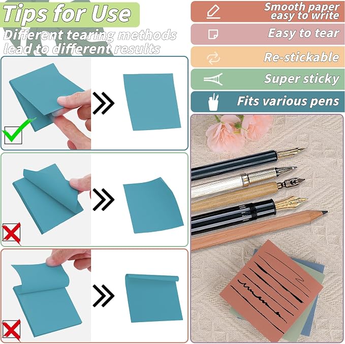 60 Pack Sticky Notes Bulk 3x3 Inch 12 Vintage Colors Memo Pads | 56 Sheets Each, Self Adhesive Notes, Smooth Paper, Office Supplies, Back to School, Teacher, Student, Planning