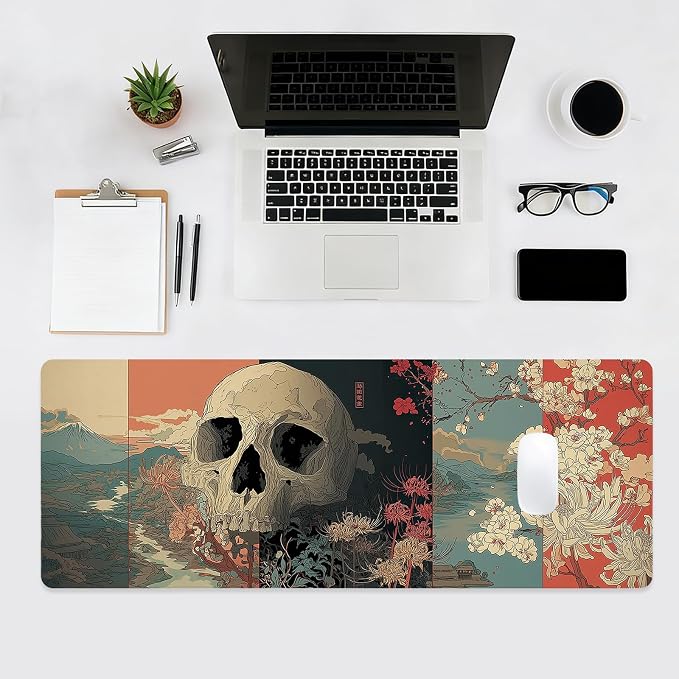 Japanese Skeleton Gaming Mouse Pad, Desk Mat, XL Extended Big Large Mousepad with Non-Slip Rubber Base, Laptop Computer Keyboard Mat Office&Home, 31.5x11.8in, Skull