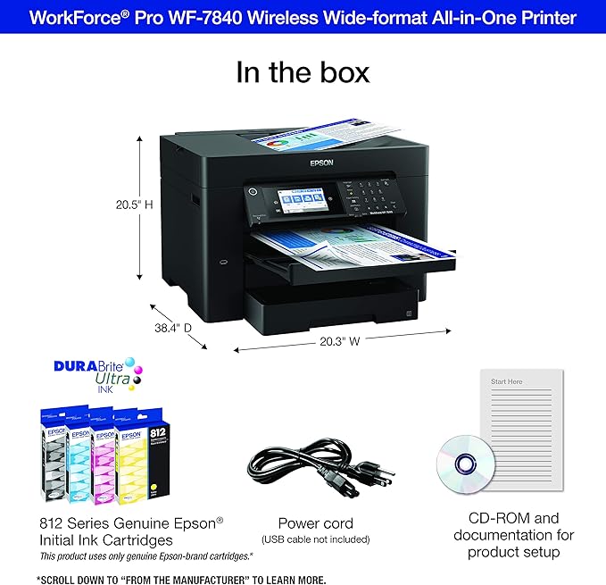 Epson Workforce Pro WF-7840 Wireless All-in-One Wide-Format Printer with Auto 2-Sided Print up to 13" x 19", Copy, Scan and Fax, 50-Page ADF, 500-sheet Paper Capacity, 4.3" Screen,Black