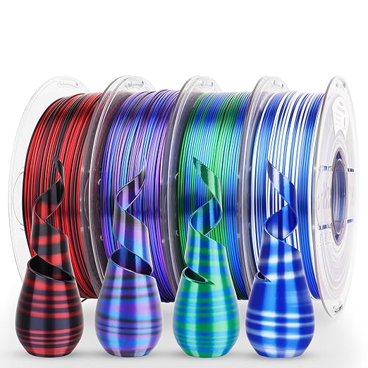 AMOLEN Silk PLA 3D Printer Filament Bundle, Shiny PLA Filament 1.75mm Multicolor Rainbow Pack, Fast Color Change PLA 3D Printing Filament for Most FDM 3D Printer, 1KG X 4 Spools