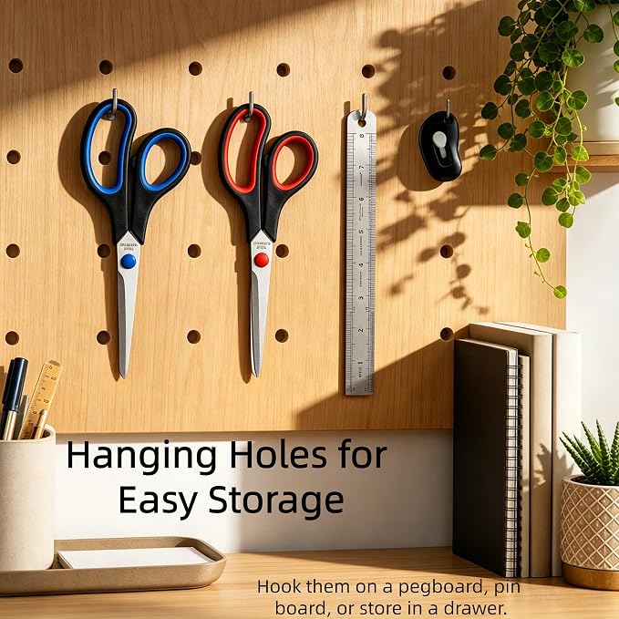 Office Scissors 8 Inch 2 Pack, All Purpose Sharp with Ruler & Knife Set | Ergonomic soft grip handles & heavy duty stainless steel blades, designed for craft, fabric, school, desk & everyday cutting