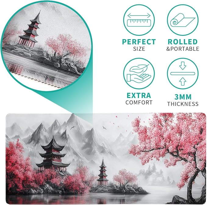 Retro Cherry Blossoms Mouse Pad 31.5x11.8 Inch White Full Desk Japanese Mousepad Extended Large Non-Slip Rubber Base Waterproof Big Keyboard Mat with Stitched Edges for Gaming and Office