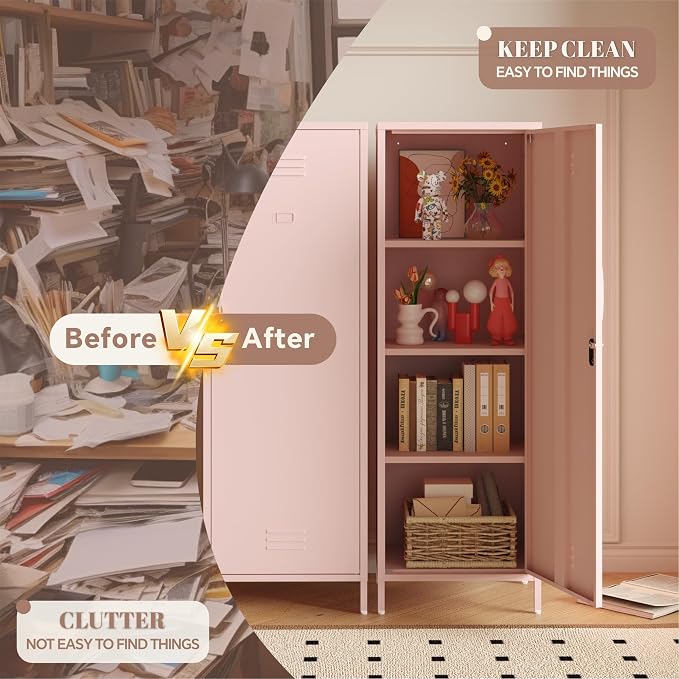 Metal Locker Storage Cabinets,59" H Pink Locking File Cabinets with 2 Doors and Shelves for Dining Room, Living Room,Bathroom Office,Home,Garage, Gym, School