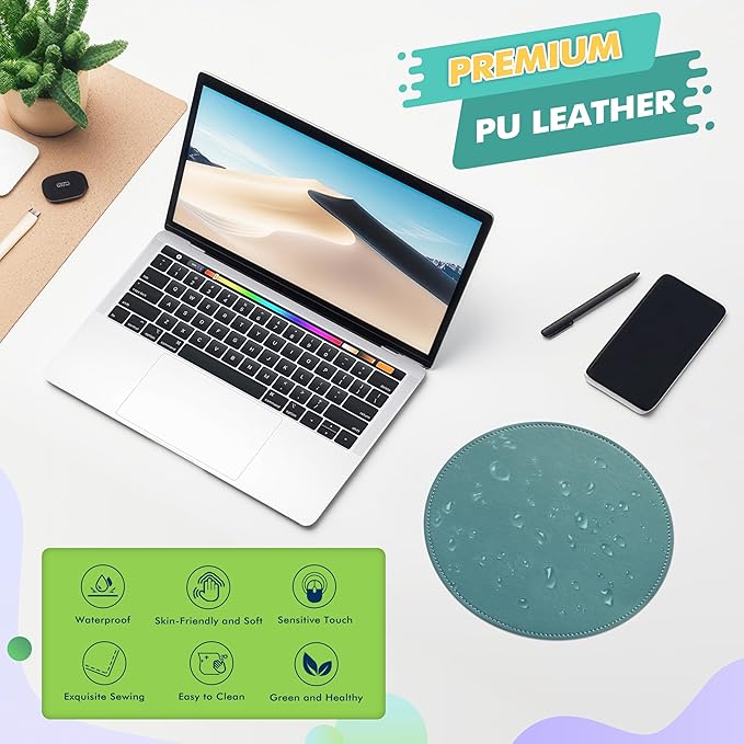Mouse Pad，Round Mouse Pad，PU Mouse Pad，Leather Mouse Pad with Stitched Edge Micro-Fiber Base with Non-Slip Waterproof，Mouse Pad for Computers，Laptop，9 x 9 Inch (Ultramarine)