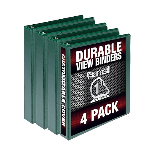 Samsill Durable 1 inch 3 Ring Binder, D Ring Binder, 100% Recycled Chipboard, Green, 4 Pack