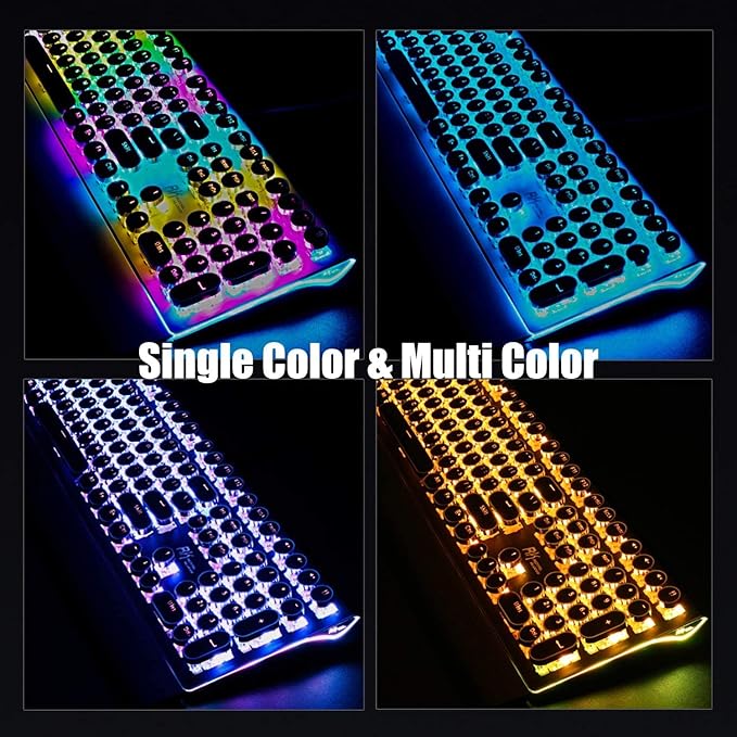 RK ROYAL KLUDGE S108 Typewriter Style Mechanical Gaming Keyboard with RGB Backlit, Wired PC Game Keyboard Full Size with Detachable Wrist Rest and Number Pad, Retro Round Keycaps, Red Switches Black