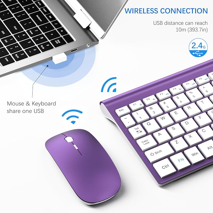 Wireless Keyboard and Mouse Ultra Slim Combo, TopMate - Purple White | 2.4G Silent Compact 2400DPI Mouse and Scissor Switch Keyboard Set with Cover, Batteries Included, for PC/Laptop/Windows/Mac