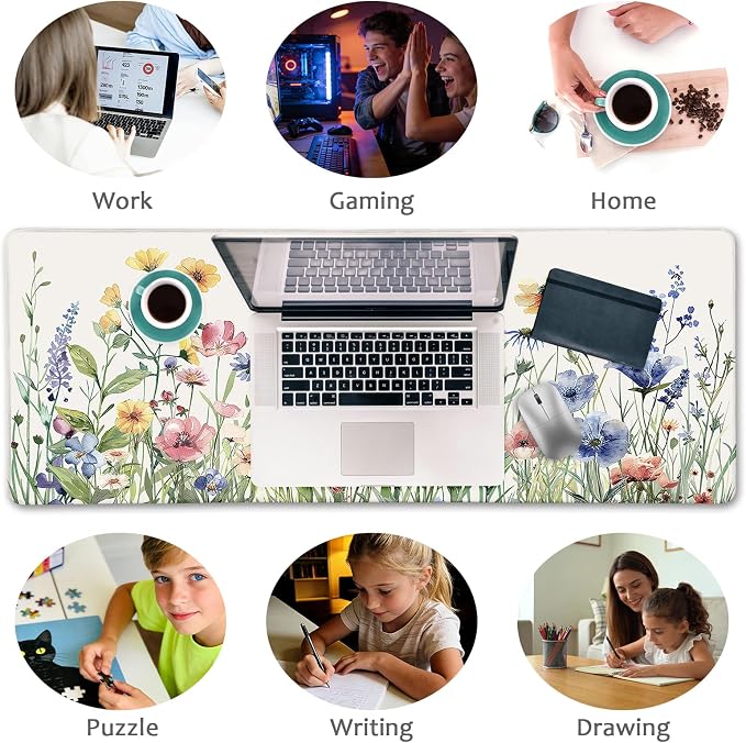 LIMKRIAN Flower Mouse Pad Large Desk Mat for Keyboard Mouse, 31.5x11.8 in | Stitched Edges, Non-Slip, XL Computer Mousepad For Desktop Laptop Gaming, Cute Floral Office Supplies Desk Accessories Decor