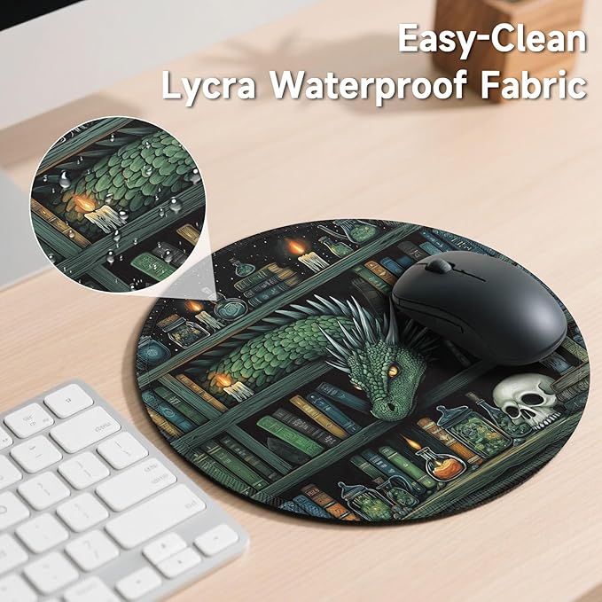 Gctriki Gothic Dragon Mouse Pad with Stitched Edges, Small Round Mouse Pads for Desk, Funny Travel Mousepad for Computer Laptop Office Desk Accessories Decor Mystical Library Vintage Book 8.6 inch