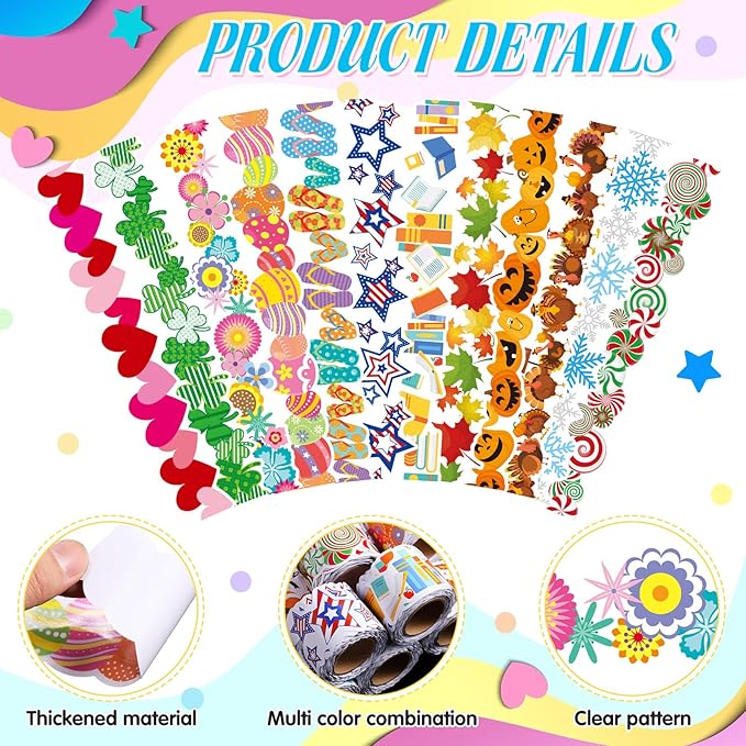 Geyee 12 Rolls 394 ft Holiday Bulletin Board Borders Seasonal Bulletin Board Decorations Easter Summer Trim for School Classroom Wall Decor