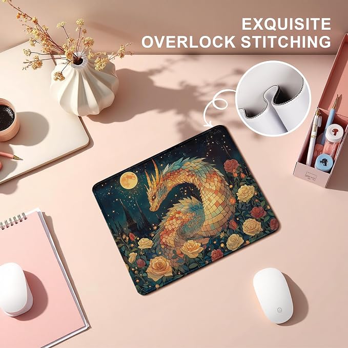 Mystical Dark Academia Dragon Mouse Pad, Art Nouveau Floral Moonlight Dragons Mouse Pads Mousepad for Home Office Dorm Computers Laptop Supplies Desk Accessories, 9.5x7.9 Inch