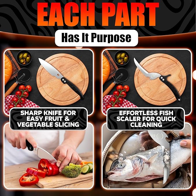4-in-1 Multi-Use Heavy Duty Poultry Shears – Sharp Seafood, Fish, Turkey & Chicken Shears with Non-Slip Metal Handle & Micro-Serrated Blades – Spring-Loaded, Safety Lock Bone Scissors (Black)