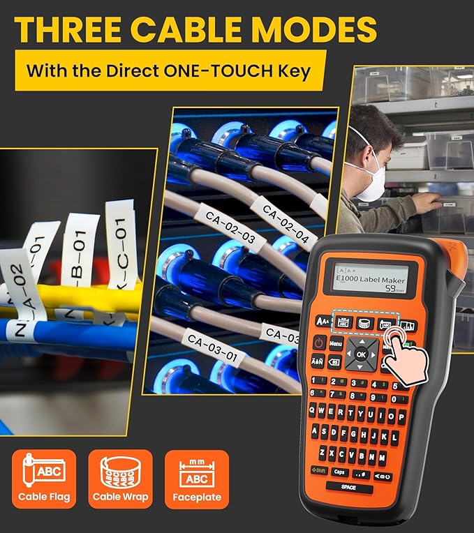 E1000 Heat Shrink Label Maker, Wire Label Maker Waterproof-Labels, Labeler Machine with 2PK 12mm 0.47 Heat Shrink Tube Tapes & 2PK Flexible Cable Tapes for Industrial Electrical Use