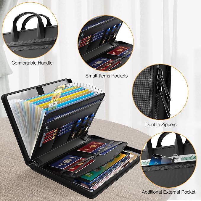 Hontom 5200℉ Accordion File Organizer with Handle Fireproof | 13 Pockets Fireproof Document Organizer ,Portable Travel Home Storage File Folder for Important Document and Paper ,Black