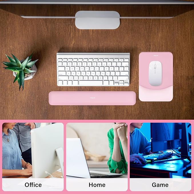 MOSISO Wrist Rest Support Mouse Pad & Keyboard Set, Pink | Rectangular Ergonomic Mousepad, Non-Slip Base, Home/Office Pain Relief & Easy Typing, Neoprene Cloth & Raised Silicone Lining